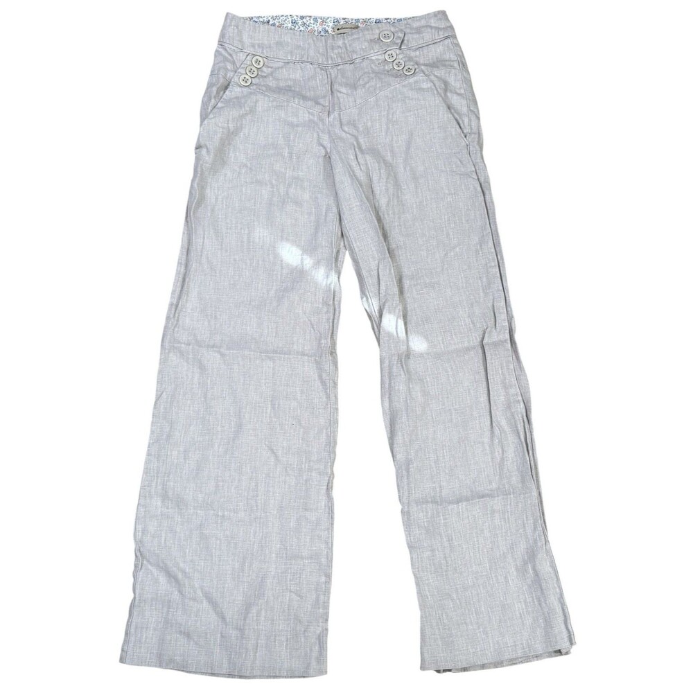 Anthropologie Elevenses 100% Linen Pants Wide Leg Beige 4 Side Buttons Size (2)